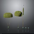 Small Blue Characters Interacting With Green Plant Like Creatures And Parachute Structures