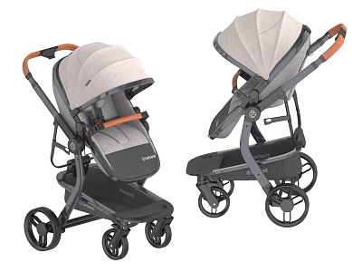 Modern Gray And Orange Stroller With Canopy Foldable Design And Wheels 3d model