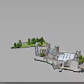 Fortress Building Model Featuring Towers White Roof Structure Green Vegetation And Bridge