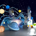 Starry Space Scene With Rocket Astronaut Figures Colorful Planets Craters And Spiral Light Effects