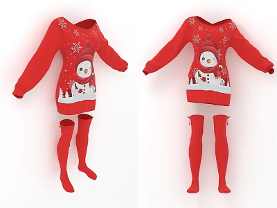 Red Christmas Dress With Snowman Print And Matching Long Stockings Set 3d model