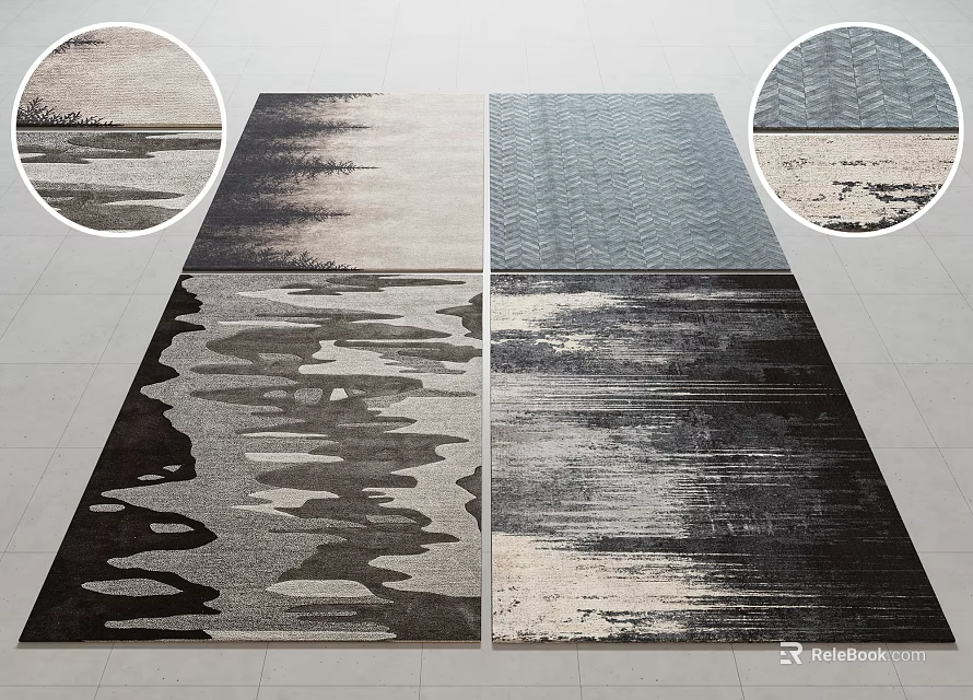 Modern Square Rugs Featuring Abstract Patterns In Black White Gray And Blue Tones 3d model 