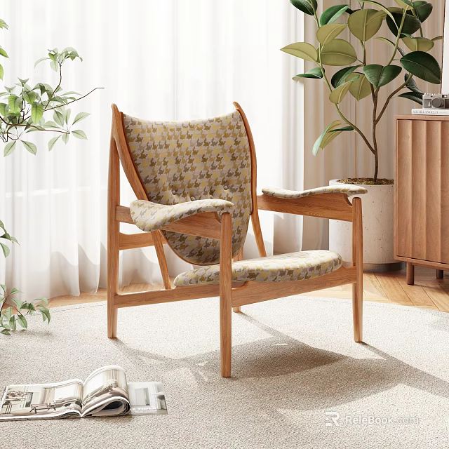 Accent Chair with Wooden Frame and Patterned Cushion in Interior with Plants and Natural Light 3d model 