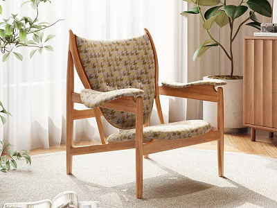 Accent Chair with Wooden Frame and Patterned Cushion in Interior with Plants and Natural Light 3d model