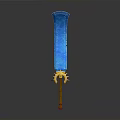 Blue Glowing Fantasy Weapon With Crystal Blade And Golden Sunburst Decorations