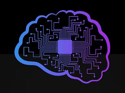 Brain Shaped Sculpture Carving with Circuit Board Lines Central Purple Square Blue Purple Gradient 3d model