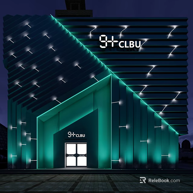 3+CLUB Modern Storefront with Green Illuminated Lighting and Architectural Design 3d model 