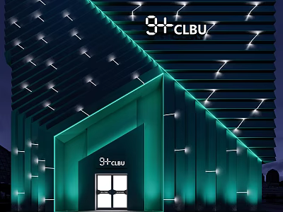 3+CLUB Modern Storefront with Green Illuminated Lighting and Architectural Design 3d model