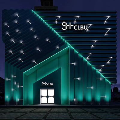 3+CLUB Modern Storefront with Green Illuminated Lighting and Architectural Design 3d model