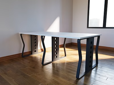 Modern Office Desk With White Top And Black Curved Legs On Wooden Floor In Sunlight 3d model