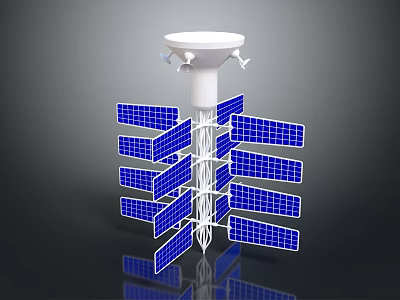 Blue Solar Panels On White Satellite Model With Antenna Structure Design 3d model