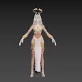 Woman With Long Blonde Hair In Golden Headdress And White Skirt With Fringes And Decorations