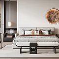 Modern Bedroom Interior Design With Round Decorative Painting Gray Bedding And Area Rug