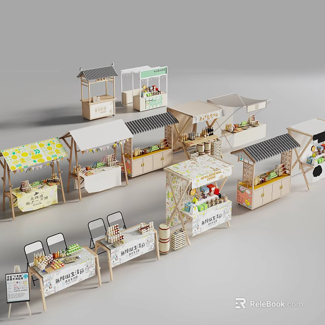 Varied Themed Market Stalls With Canopies And Decorative Counter Displays 3d model 