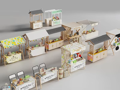 Varied Themed Market Stalls With Canopies And Decorative Counter Displays 3d model