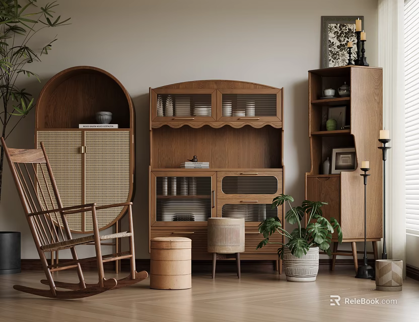 Simple Walnut Sideboard with Glass Door Storage Compartments and Living Room Decorative Items 3d model 