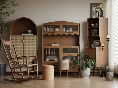 Simple Walnut Sideboard with Glass Door Storage Compartments and Living Room Decorative Items 3d model