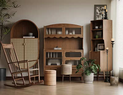 Simple Walnut Sideboard with Glass Door Storage Compartments and Living Room Decorative Items 3d model