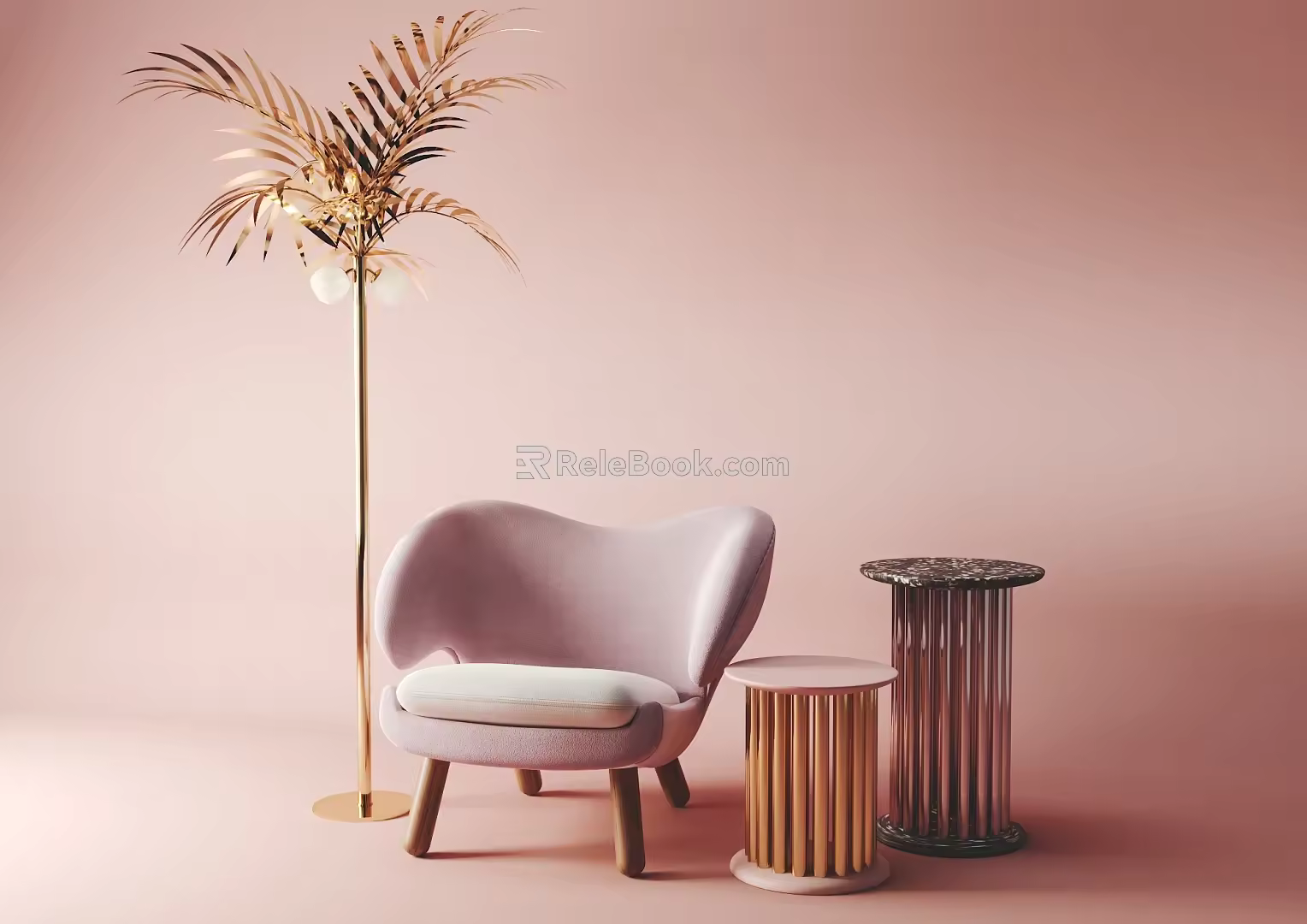 Nordic Style Sofa Chair Simple Champagne Golden Tree Lamps 3d model
