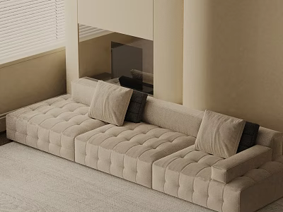 Tufted Beige Three Seater Sofa In Modern Living Room With Soft Cushions And Neutral Tones 3d model