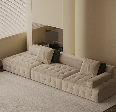 Tufted Beige Three Seater Sofa In Modern Living Room With Soft Cushions And Neutral Tones 3d model