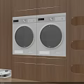 White Front Load Washing Machines In Wooden Cabinetry With Oval Cutouts And Robot Vacuum