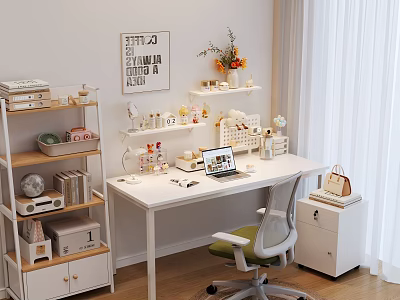 Cozy Home Study Room With White Desk Laptop Bookshelf Globe And Wall Art 3d model