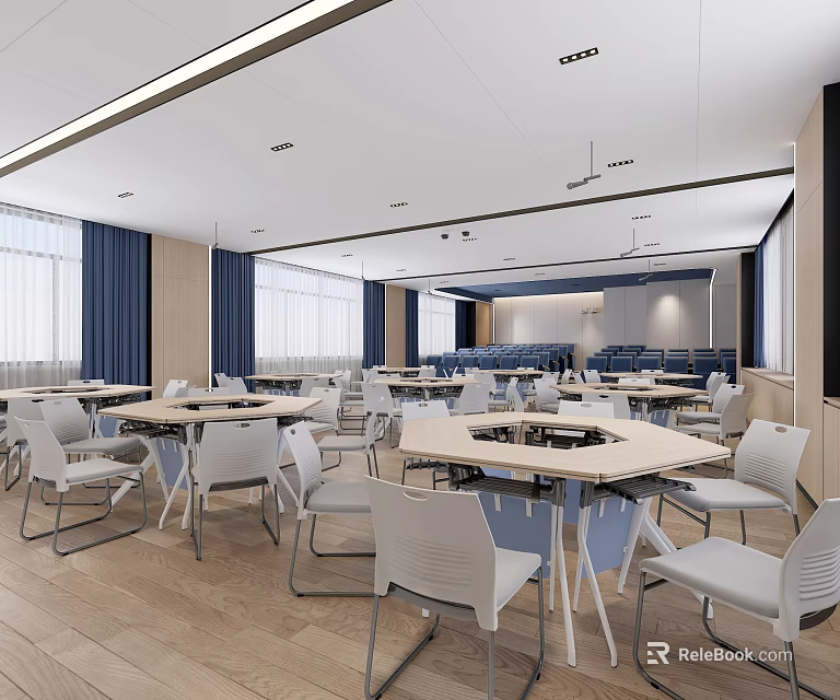 School Modern Learning Space With Desks Chairs And Bright Lighting 3d model 