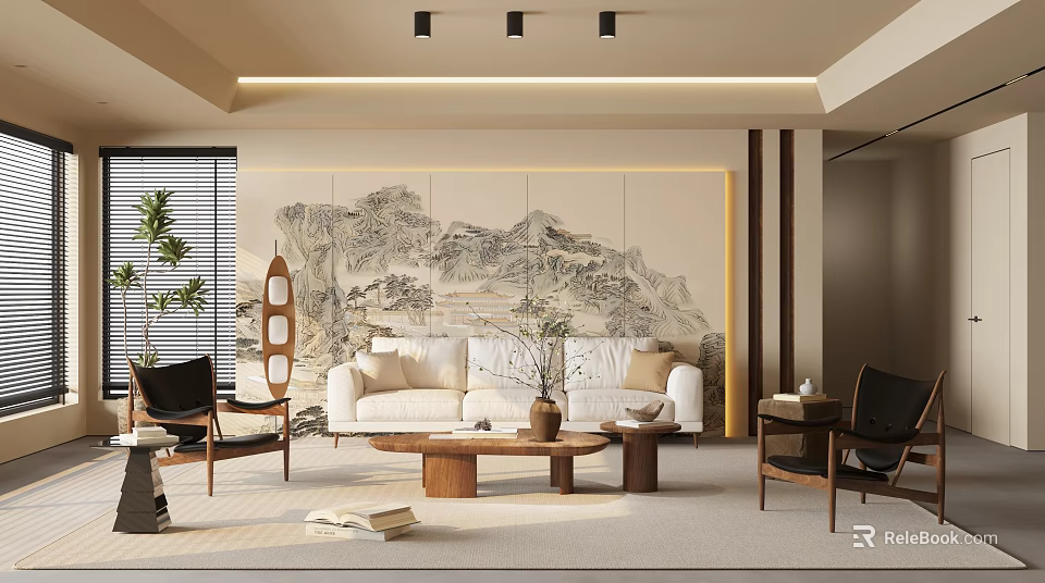 Modern Chinese Living Room Interior With White Sofa Mountain Landscape Painting And Coffee Table 3d model 
