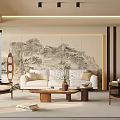 Modern Chinese Living Room Interior With White Sofa Mountain Landscape Painting And Coffee Table
