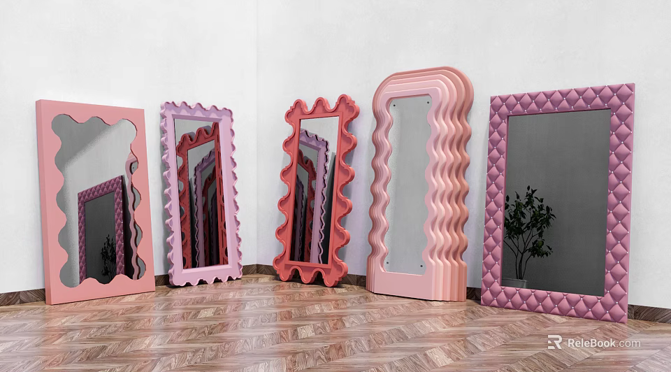 Decorative Pink Mirrors With Wavy Edges Scalloped Frames And Quilted Borders On Wooden Floor 3d model 