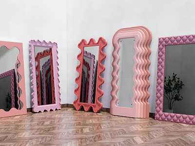 Decorative Pink Mirrors With Wavy Edges Scalloped Frames And Quilted Borders On Wooden Floor 3d model