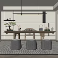 Modern Tea Room Interior With Hanging Lights Wooden Table Gray Stools Bonsai And Wall Shelves