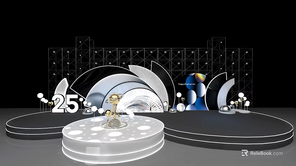 White Circular Stage Design with 25 Golden Trophy Geometric Decorations and Lighting Elements 3d model