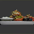 Delicious Fresh Seafood Platter With Prawns Mussels Tomatoes Lemon Slices And Yogurt Dip