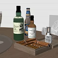 Elegant Whiskey Bottles And Glass With Ice Lime Cigar And Wooden Tray