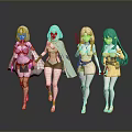 Anime Style Game Movie Characters Standing Together With White Green Hair And Diverse Outfits