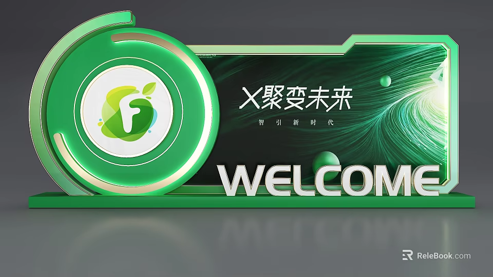 Green Logo Design With Fusion Future Text And Welcome Display In Modern Style 3d model 