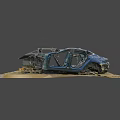 Severely Damaged Blue Car With Open Doors And Dented Shattered Body On Wooden Planks