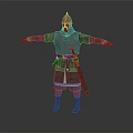 Medieval Warrior Wearing Metal Armor And Helmet Standing With Arms Outstretched Blue Pants Brown Boots