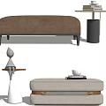 Modern Beige Upholstered Ottoman With Small Round Table And Stacked Books