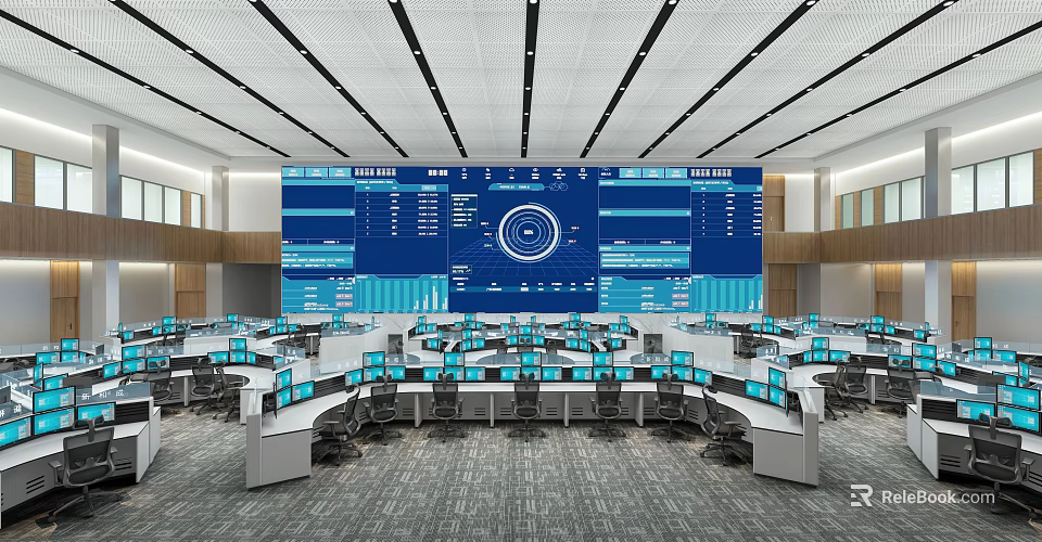 Modern Control Room With Large Digital Screens And Multiple Computer Workstations 3d model 