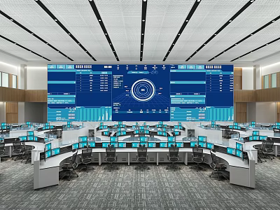 Modern Control Room With Large Digital Screens And Multiple Computer Workstations 3d model
