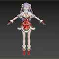 Woman with purple twin ponytails wearing red gold dress white fur trim red gloves boots