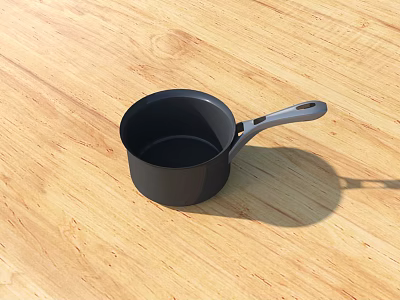 Black Small Pot With Handle On Wooden Tabletop For Kitchen Cooking 3d model