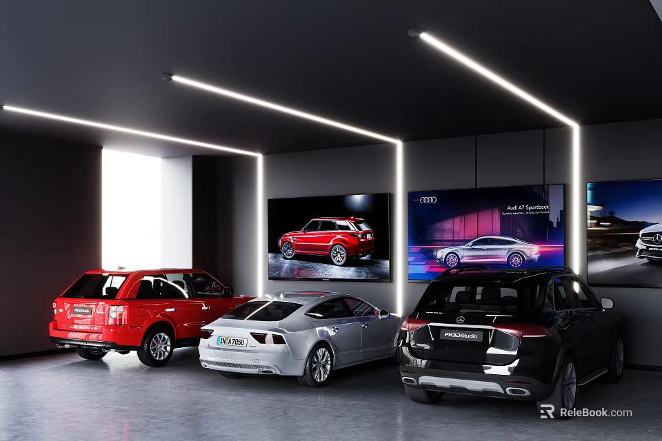 Modern Auto Showroom With Red White Black Cars Background Display Screens Modern Lighting Clean Environment 3d model 