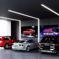 Modern Auto Showroom With Red White Black Cars Background Display Screens Modern Lighting Clean Environment