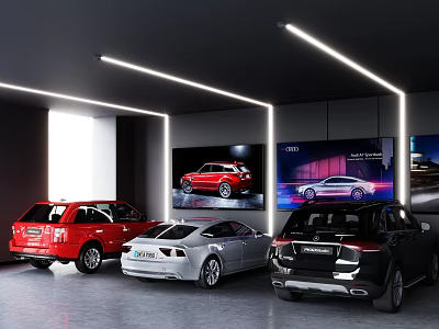 Modern Auto Showroom With Red White Black Cars Background Display Screens Modern Lighting Clean Environment 3d model