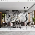 Modern Restaurant Interior With Marble Wall Dining Table Chairs Fireplace And Potted Plant