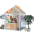 Wooden Cabin Style Market Stall With Plants Birdcage Menu Board And Decorations